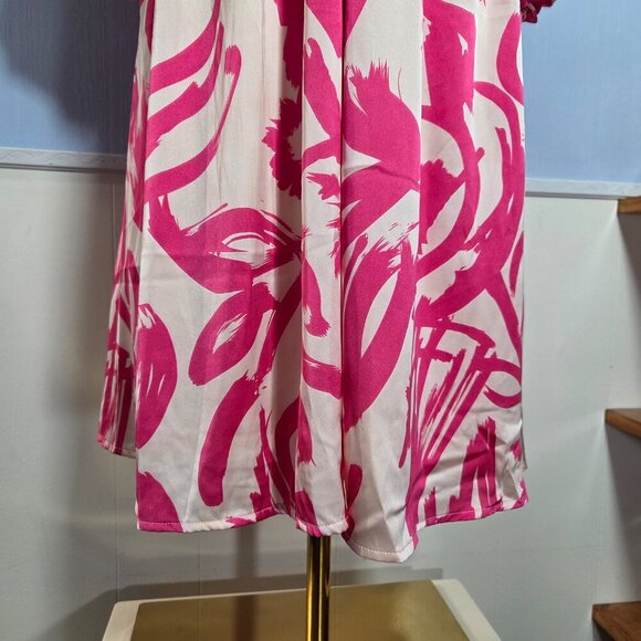 She + Sky Medium Hot Pink White Floral V Neck Balloon Sleeve Knee Length Dress - Picture 3 of 11